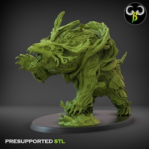 May include: A 3D printed model of a green, leafy, bear-like creature with a bird head. The creature is standing on a round base. The model is pre-supported for 3D printing.