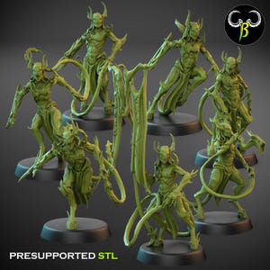 May include: A collection of green, horned demon figurines on black bases. The figures have long limbs and flowing, plant-like appendages. The text "PRESUPPORTED STL" is at the bottom. A logo with the letters "GB" is in the upper right corner.