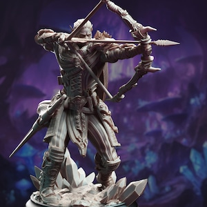 May include: A detailed figurine of an elf archer, sculpted in a neutral gray color. The elf is wearing armor and holding a bow and arrow, ready to shoot. The figurine is standing on a base with a rocky texture.