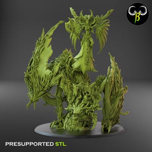 May include: A green, detailed fantasy figurine of a winged humanoid figure with intricate leaf-like details. The figure is standing on a round base. The text "PRESUPPORTED STL" is at the bottom of the image.