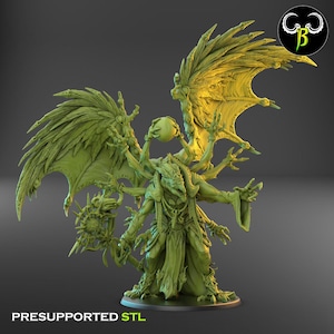 May include: A green, multi-armed fantasy figure with large, detailed wings and a staff. The figure is wearing a long robe and holding a sphere. The text "PRESUPPORTED STL" is at the bottom of the image. A logo is in the upper right corner.