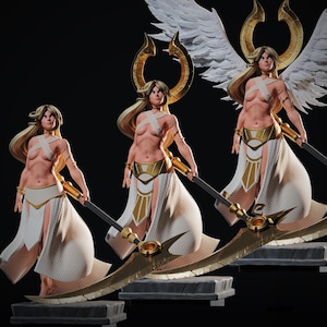 May include: A white and gold statue of a woman with wings, a halo, and a large scythe. The statue is posed in a dramatic stance, with the woman's wings spread wide and her scythe held high.
