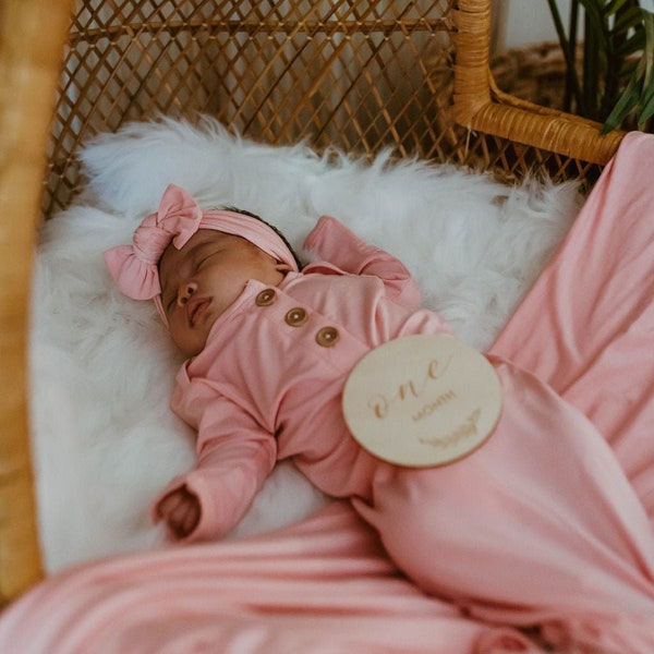 Dreamy Pink Bamboo Knotted Baby Gown, Newborn Knotted Gown, Best Baby Shower Gift, Newborn Photo Prop, Newborn Coming Home Outfit, Baby Gown