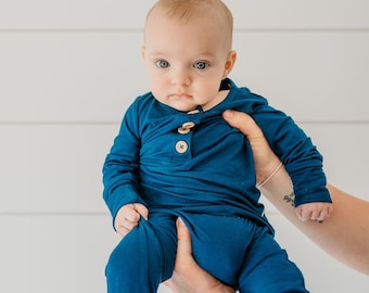 Navy Blue Two-Piece Lounge Set, Newborn Outfit, Baby Shower Gift, Baby Onesie, Bamboo Baby Outfit, Baby Boy Outfit, Toddler Outfit