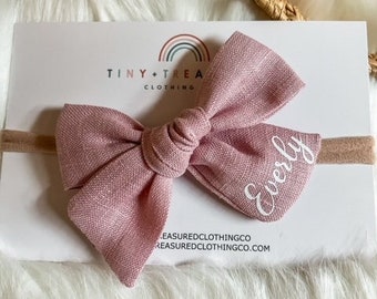 Personalized Baby Headband, Baby Girl Bow, Custom Bow, Baby Girl Gift, Baby Shower Gift, Linen Bow, Bows for girls, Personalized Name Bow