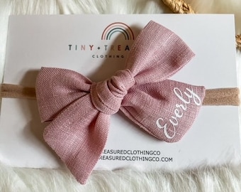 Personalized Baby Headband, Baby Girl Bow, Custom Bow, Baby Girl Gift, Baby Shower Gift, Linen Bow, Bows for girls, Personalized Name Bow