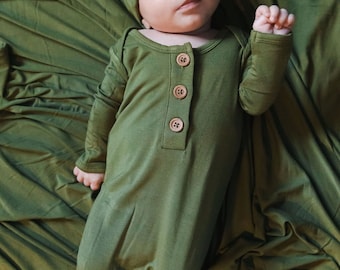Olive Green Bamboo Knotted Baby Gown, Newborn Knotted Gown, Best Baby Shower Gift, Newborn Photo Prop, Newborn Coming Home Outfit, Baby Gown