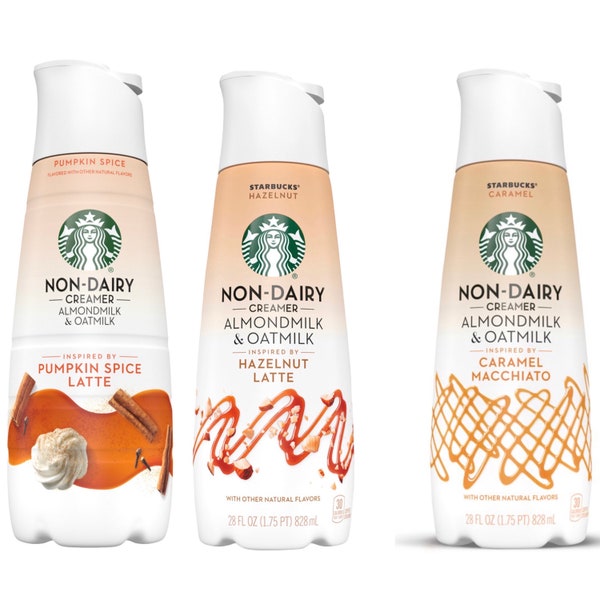 Starbucks Non-Dairy Coffee Creamers, Almond Milk and Oatmilk-Choose your Flavors! 2X28oz Bottle - Caramel, Hazelnut Latte, Pumpkin Spice