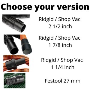Puede incluir: Imagen que muestra accesorios de manguera de aspiradora. El texto dice "Elige tu versi&oacute;n". Incluye mangueras Ridgid/Shop Vac en tama&ntilde;os de 2 1/2 pulgadas, 1 7/8 pulgadas y 1 1/4 pulgadas, adem&aacute;s de un accesorio Festool de 27 mm.
