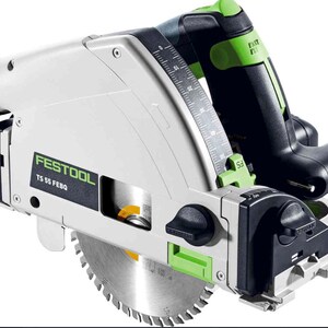 May include: A Festool TS 55 FEBQ circular saw, featuring a silver blade, a white and black body, and green accents. The saw has a black handle and a scale for precise cutting. The brand name and model are visible on the side.