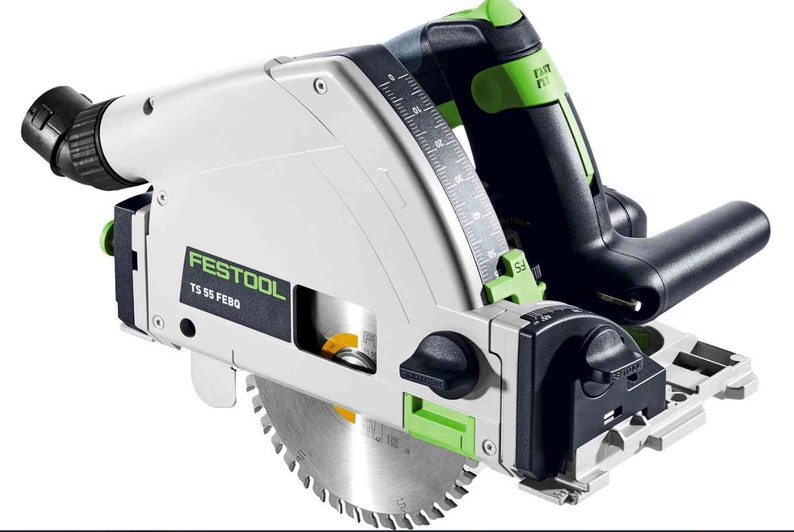 May include: A Festool TS 55 FEBQ circular saw, featuring a silver blade, a white and black body, and green accents. The saw has a black handle and a scale for precise cutting. The brand name and model are visible on the side.
