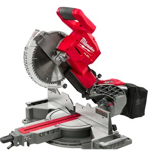 May include: A red and grey mitre saw with a large circular blade. The saw has a black handle and a dust collection bag. The brand name "Milwaukee FUEL" is visible on the motor housing.