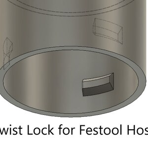 K&ouml;nnte beinhalten: Eine zylindrische, graue Drehverriegelungskomponente mit einem eingelassenen rechteckigen Schlitz und einer kreisf&ouml;rmigen &Ouml;ffnung. Der Text "Twist Lock for Festool Hose" befindet sich am unteren Rand des Bildes.
