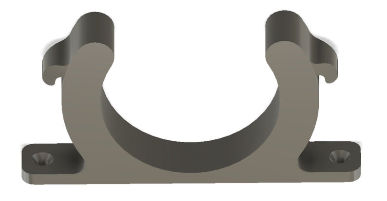 May include: A grey plastic pipe clip, U-shaped in design. It features two mounting holes on the base and curved arms extending upwards. This clip is designed to secure a pipe or tube. The clip is made of plastic.
