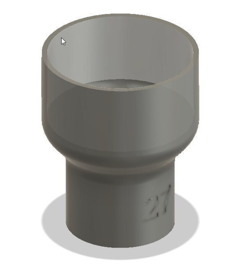 May include: A grey plastic pipe fitting, featuring a wide cylindrical top section and a narrower base. The number '27' is embossed on the side. This fitting is designed for joining pipes together.