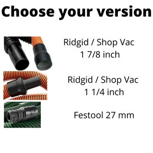 Puede incluir: La imagen muestra tres accesorios para mangueras de aspiradora. Los dos superiores son modelos Ridgid/Shop Vac, uno con un di&aacute;metro de 4,76 cm y el otro con un di&aacute;metro de 3,18 cm. El accesorio inferior es un modelo Festool de 27 mm.