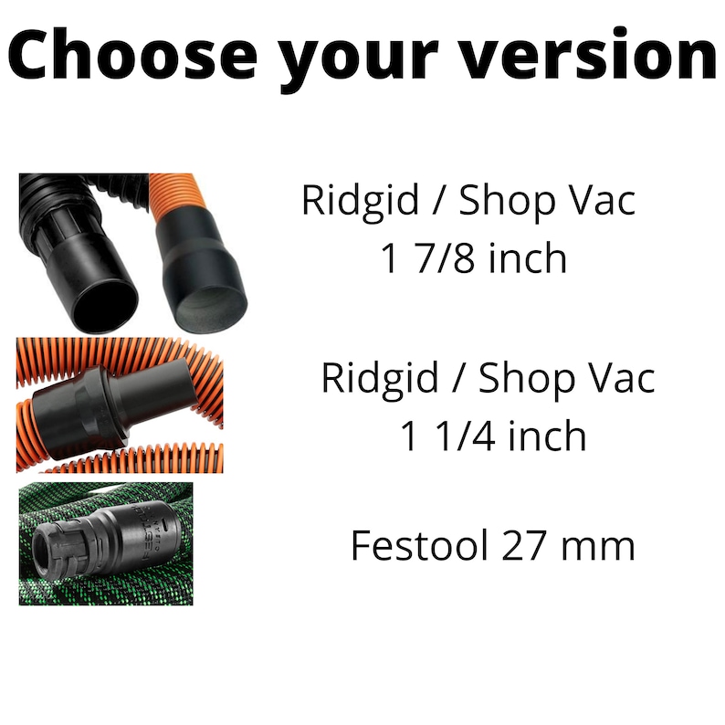 Puede incluir: La imagen muestra tres accesorios para mangueras de aspiradora. Los dos superiores son modelos Ridgid/Shop Vac, uno con un di&aacute;metro de 4,76 cm y el otro con un di&aacute;metro de 3,18 cm. El accesorio inferior es un modelo Festool de 27 mm.