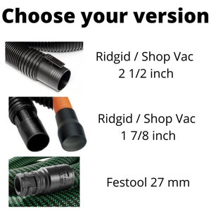 K&ouml;nnte beinhalten: Das Bild zeigt drei verschiedene Staubsauger-Schlauchaufs&auml;tze. Der obere ist schwarz und mit "Ridgid / Shop Vac 2 1/2 inch" beschriftet. Der mittlere ist schwarz und orange, mit "Ridgid / Shop Vac 1 7/8 inch" beschriftet. Der untere ist schwarz und gr&uuml;n, mit "Festool 27 mm" beschriftet.