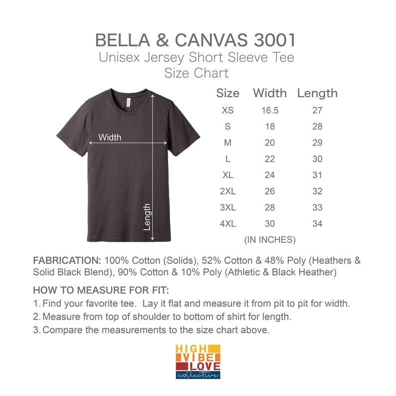 May include: A size chart for a unisex short sleeve t-shirt made by Bella + Canvas. The chart shows the width and length of the shirt in inches for sizes XS to 4XL. The shirt is available in a variety of colors, including solid colors and heathers.