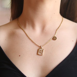 18K Gold Initial Letter Necklace, Medal Gold Initial Letter Pendant Necklace, Square Alphabet Rectangle Medallion Pendant, Christmas Gift