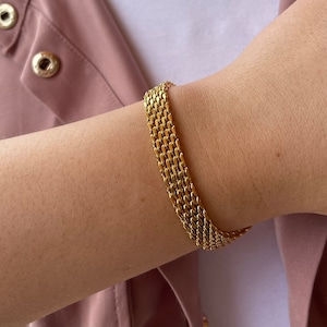 18K Gold Vintage Retro Mesh Bracelet, Christmas Gift Chain Bracelet, WATERPROOF Jewelry Bracelet, Herringbone Chain, Women Men Gold Gift