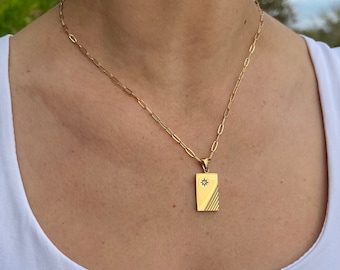 Gold Rectangle Necklace with Gemstone Minimalist Necklace - Gift for Her - Love - For Girlfriend