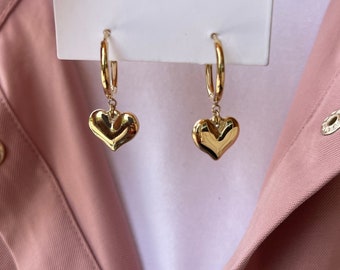 Gold FILLED Heart Earrings, Dangle Heart Earrings, Dainty Heart Earrings, Puffy Heart Huggies, Mini Puffy Heart Drops, Mom to Daughter, BBF