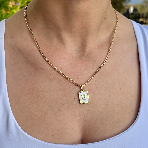 Gold Mother of Pearl Initial Necklace, 18K Gold Stainless Steel Necklace, Antitarnish, Waterproof, Hypoallergenic, Unisex, Christmas Gift