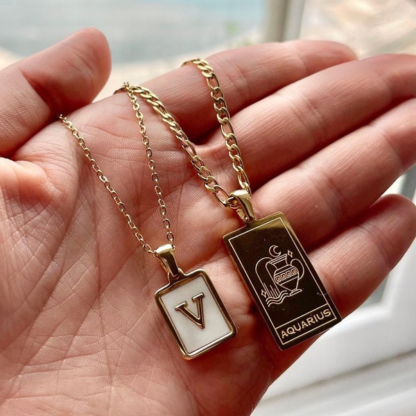 Zodiac&Letter Necklace Set Celestial Necklace Tarot Square Aquarius Virgo Cancer Libra Astrology gift, Holiday Gift for Couple BBF Mom Wife