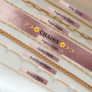 May include: A close-up of ten different gold chains, including a vine chain, paperclip chain, twist chain, figaro chain, curby chain, pearl bead chain, and dainty chain. The chains are arranged in a vertical line, with the vine chain at the top and the dainty chain at the bottom. The chains are all on a pink background.