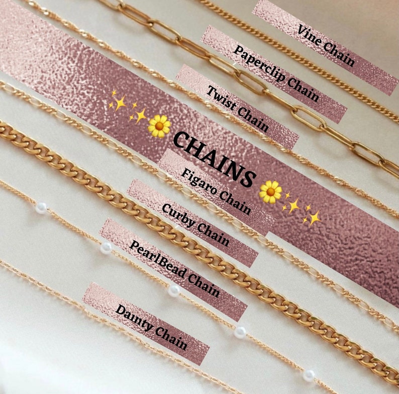 May include: A close-up of ten different gold chains, including a vine chain, paperclip chain, twist chain, figaro chain, curby chain, pearl bead chain, and dainty chain. The chains are arranged in a vertical line, with the vine chain at the top and the dainty chain at the bottom. The chains are all on a pink background.