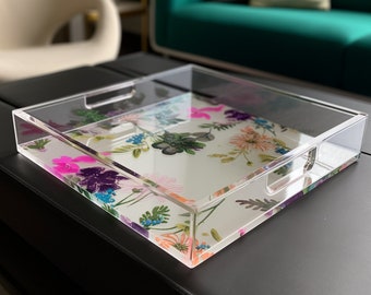 Blooms Pattern Tray|Handcrafted Ottoman Tray | Clear Large Acrylic Tray | Clear Perspex Acrylic| Modern Home Decor | Serving Tray