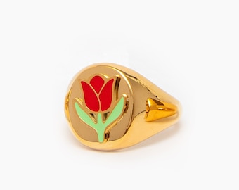18k Gold Flower Signet • Tarnish Free •  Gold Thick Signet Ring • Red Tulip Statement Ring • Red Pinky Signet Ring • Jewellery Gift For Her