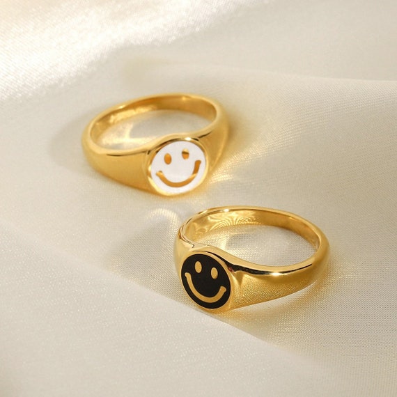 18k Gold Happy Face Signet • Tarnish Free •  Black Smiley Face Signet • Thin Gold Signet Ring • Gold Enamel Ring Jewellery Rings Signet Rings Y2K Gift For Her 