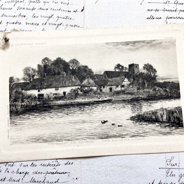 1900s - Postcard with an illustration of a small riverside village
