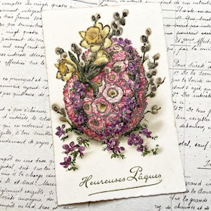 1940年代 - 花束と「Heureuses Pâques」/「Happy Easter」の文字が書かれたポストカード - キラキラしたポストカード