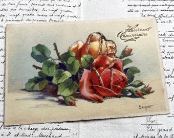 1950s - Postcard with a beautiful bouquet of roses - Vintage French Postcard