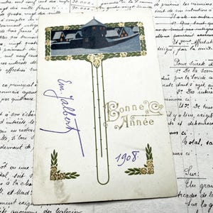 Década de 1900 - Postal con paisaje nevado y la frase "Bonne année" (Feliz Año Nuevo)