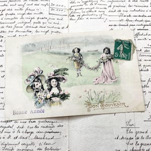 Années 1910 - Jolie carte postale avec les mots « Bonne année » / « Happy New Year » et « Bon souvenir »