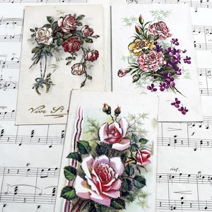 Années 40 - 3 cartes postales avec des bouquets de roses - Carte postale française vintage