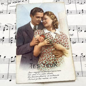 1950s - French Romantic Postcard – "Tes Yeux" – 1930s–1950s Colorized Love Couple RPPCs – Valentine Ephemera