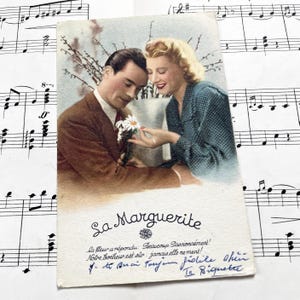 1950s - French Romantic Postcard – "La marguerite" – 1930s–1950s Colorized Love Couple RPPCs – Valentine Ephemera