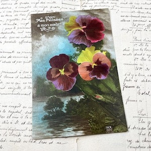 Anni '20 - Cartolina con fiori e la scritta "Mes pensées et mon coeur" / "I miei pensieri e il mio cuore"