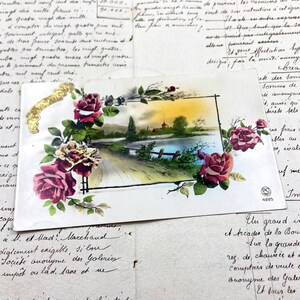Années 1920 - Carte postale avec des roses et un paysage champêtre