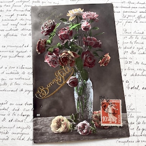 Anni '10 - Cartolina con un mazzo di rose - Cartolina di fiori francesi - Inizio del XX secolo