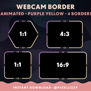 Twitch Overlay | 4 animated webcam frames | PURPLE YELLOW gradient | Twitch, Youtube, Facebook