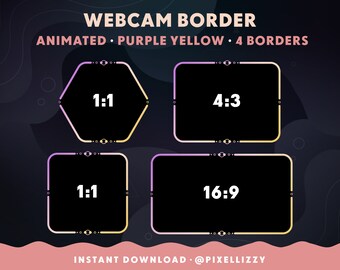 Twitch Overlay | 4 animated webcam frames | PURPLE YELLOW gradient | Twitch, Youtube, Facebook
