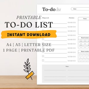 Könnte beinhalten: Druckbare To-Do-Liste mit Abschnitten für Prioritäten, Fokus, Stimmungs-Tracker und Wasser-Tracker. Die Liste ist für A4-, A5- oder Letter-Papier konzipiert und als druckbares PDF verfügbar.