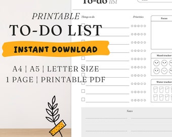 Printable To Do List with Mood and Water Tracker | Productivity Planner | Minimalist Design | PDF File | Digital download