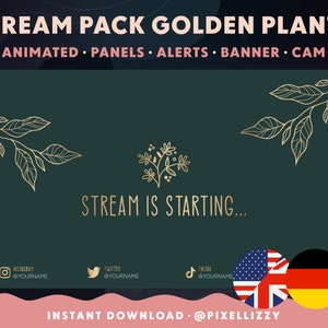 Paquete de superposición de Twitch | Inglés y alemán | Escenas animadas | PLANTAS DORADAS